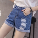 Women's Summer Sanding Denim Shorts with Cotton High Waist and Curl Hole Korean-style Loose All-match Student Wide-leg Hot Pants Women's Clothing