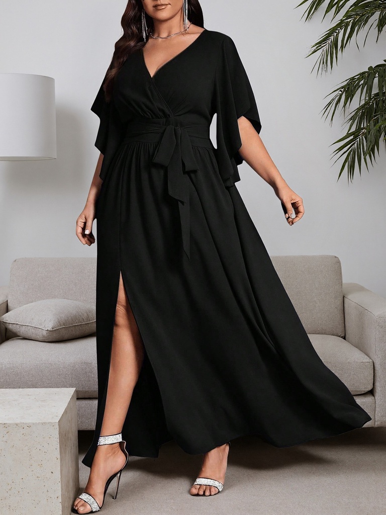 [12000061078844948] High Waist Pleated Maxi Dress (Black, XL)