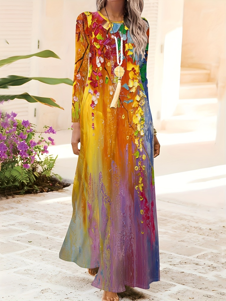 [12000056720018161] Flowy Long Sleeve Maxi Dress - Mixed Colors (XL)