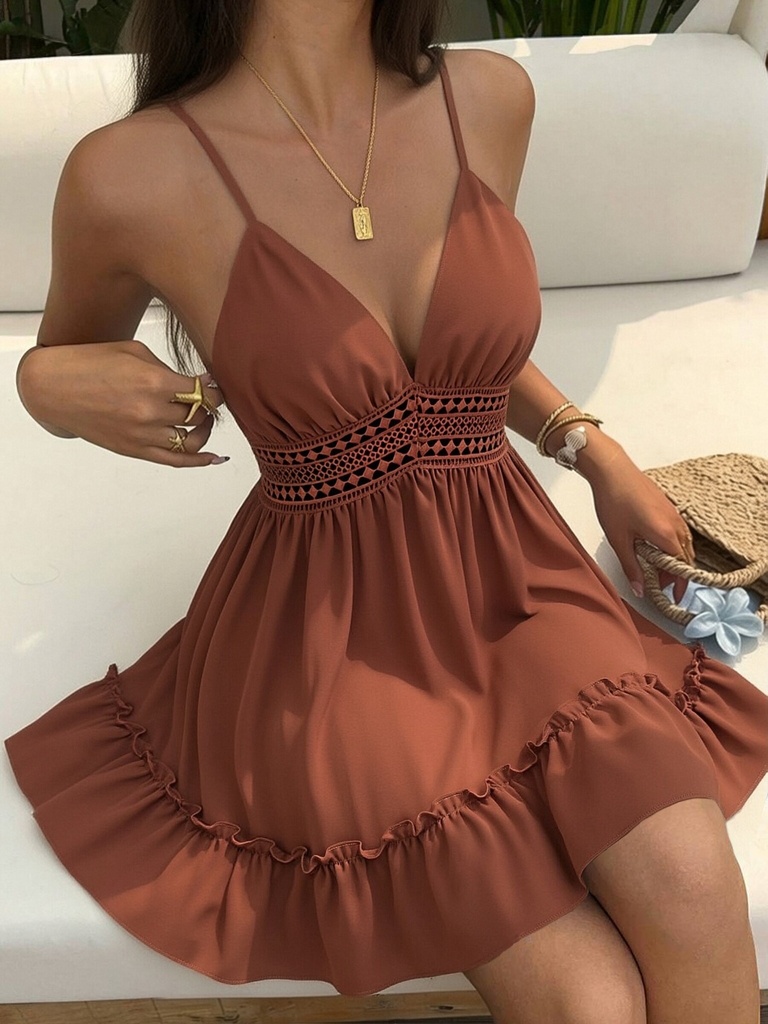 [12000059776411234] Bowknot Backless Mini Dress (Chocolate, XL)