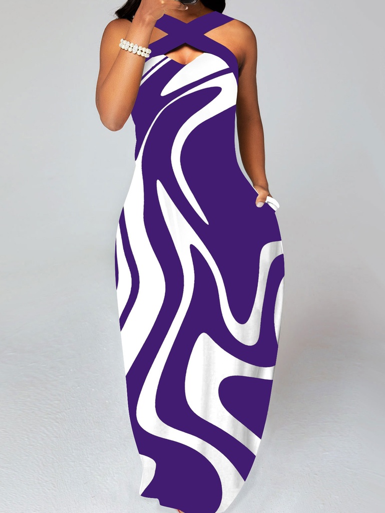 [12000059031844827] Striped Print Maxi Gown With Pockets (S)