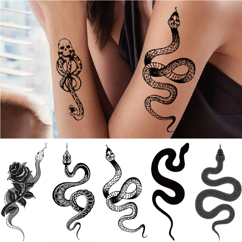 Snake Tattoo Sticker Dark Tide Cool Flower Arm Black Mamba Dead Man Snake Skull Tattoo Sticker