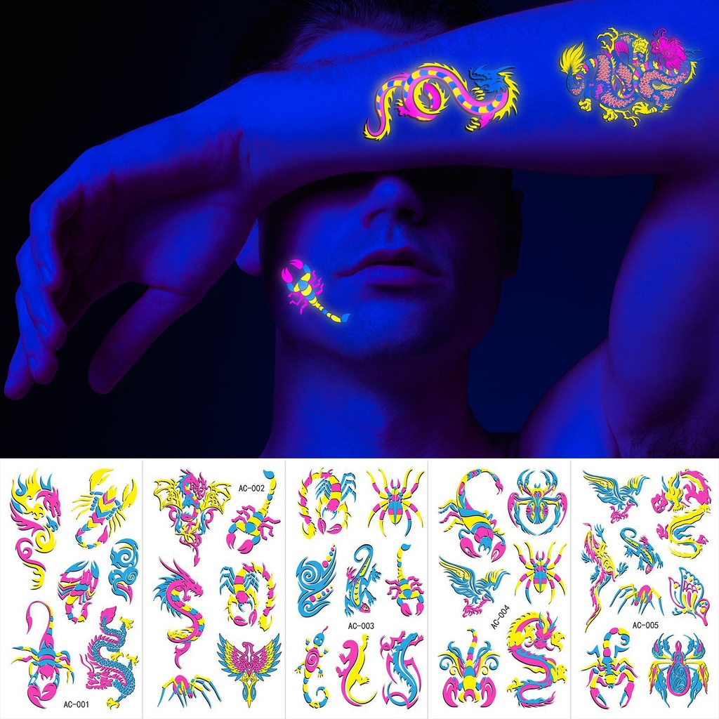 Cross Border Nightclub Fluorescent Tattoo Sticker Face Sticker Waterproof Dragon Tiger Flower Feather Neon Glow Tattoo Sticker