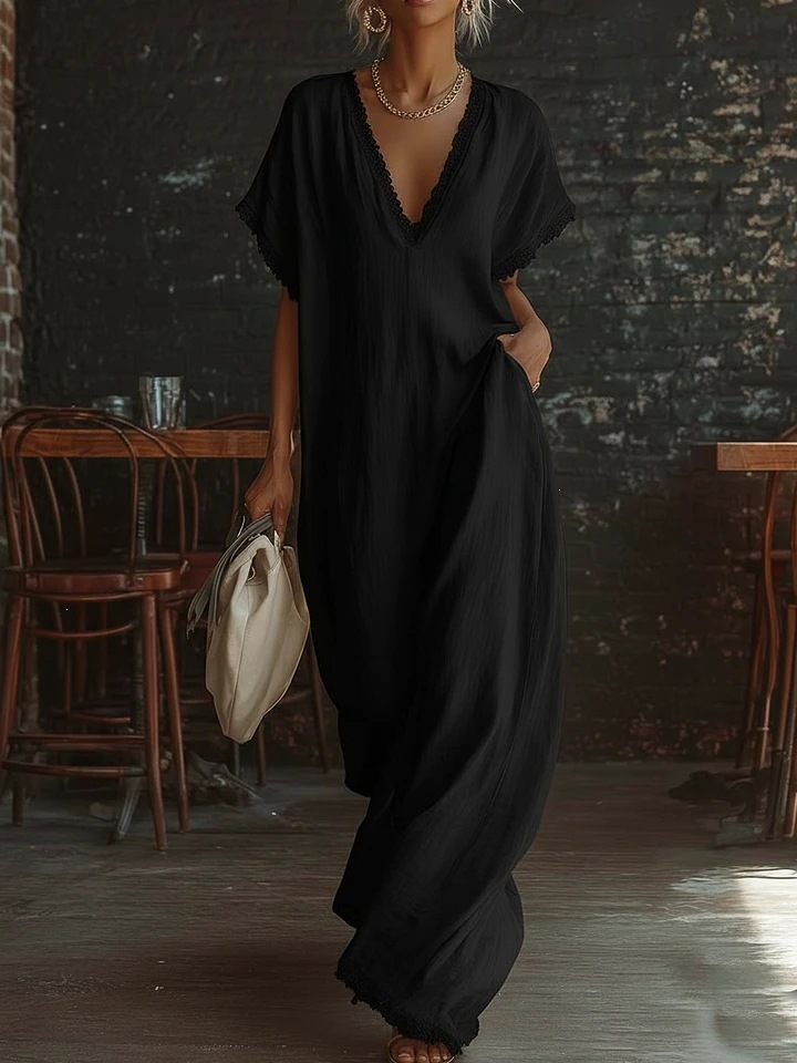 [12000059118193606] Lace Trim Loose Maxi Dress (Black, XL)