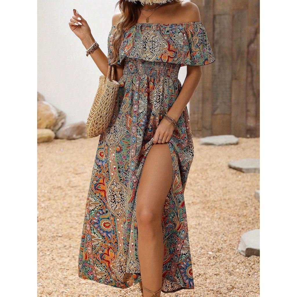 [12000059678136729] Off-Shoulder Paisley Maxi Dress (XL)