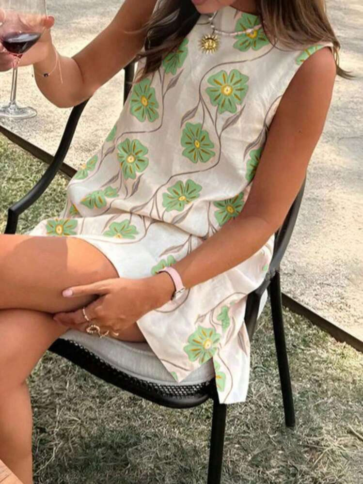 [12000060736300165] Floral A-Line Mini Dress - Green, Pink, Yellow (Green flowers, XL)