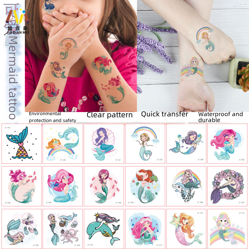 Hot Selling Eco-Friendly Waterproof Cute Mermaid Children Tattoo Sticker Cartoon Birthday Party Tattoo Sticker