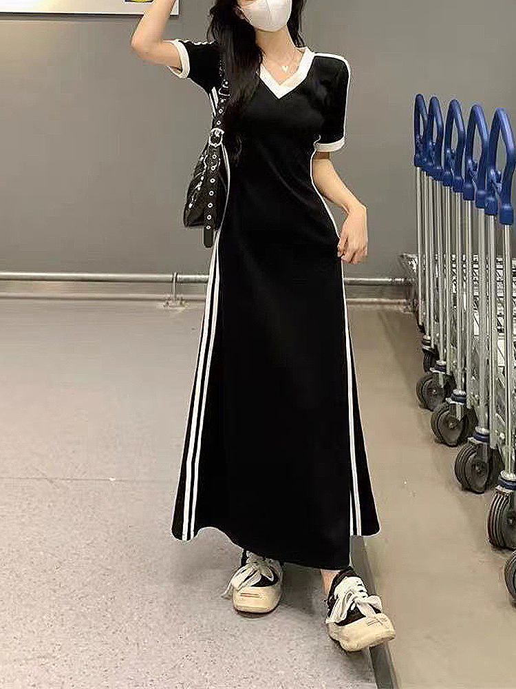 [12000059440216786] Patchwork A-Line Midi Dress (Black, XL)