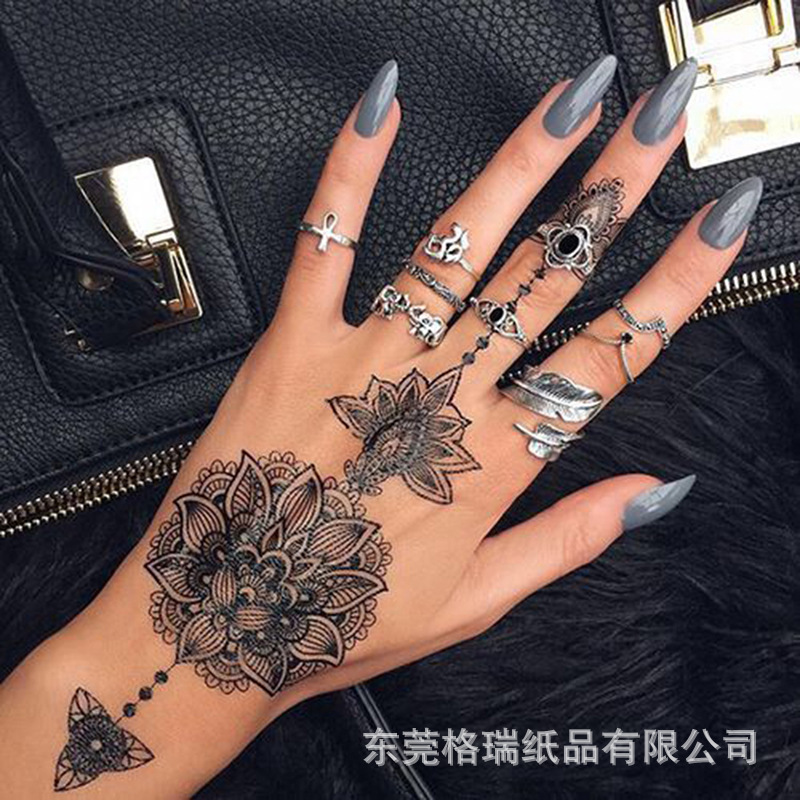 蕾丝纹身贴 欧美汉娜黑色蕾丝纹身贴纸 水转印临时性感花边tattoo