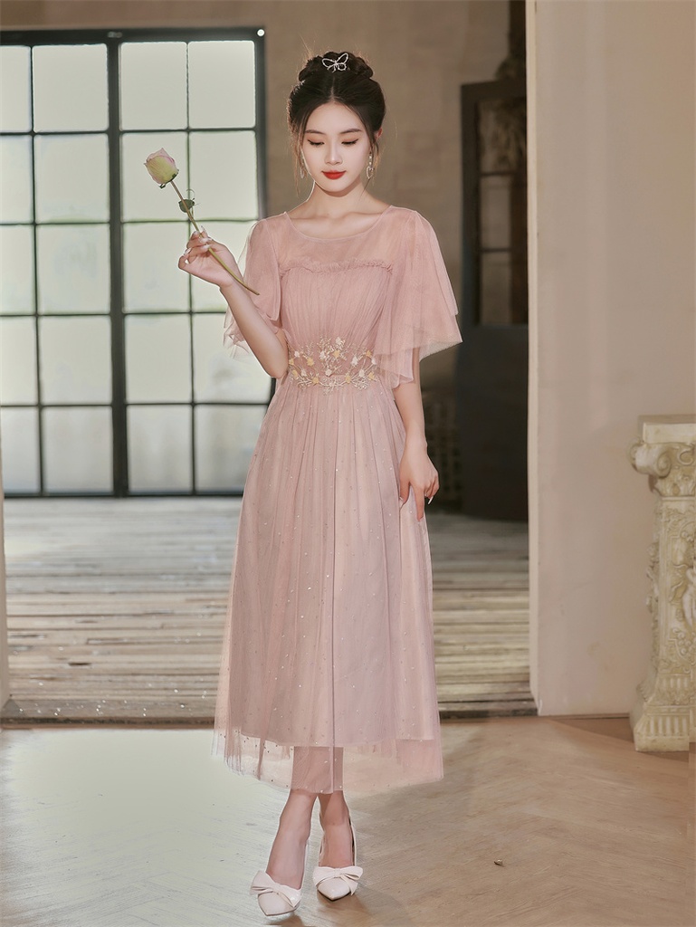 [12000044773277911] A-Line Evening Gown - Pink (B 1 meat powder medium long net gray lining gray is popular this year, M【 42.5-55kg 】)