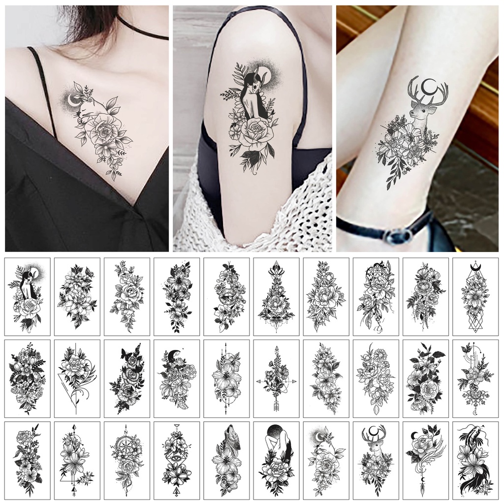 Sketch Flower Tattoo Sticker Advanced Sense Butterfly Black and White Scar Cover Rose Small Fresh Temporary Tattoo Sticker