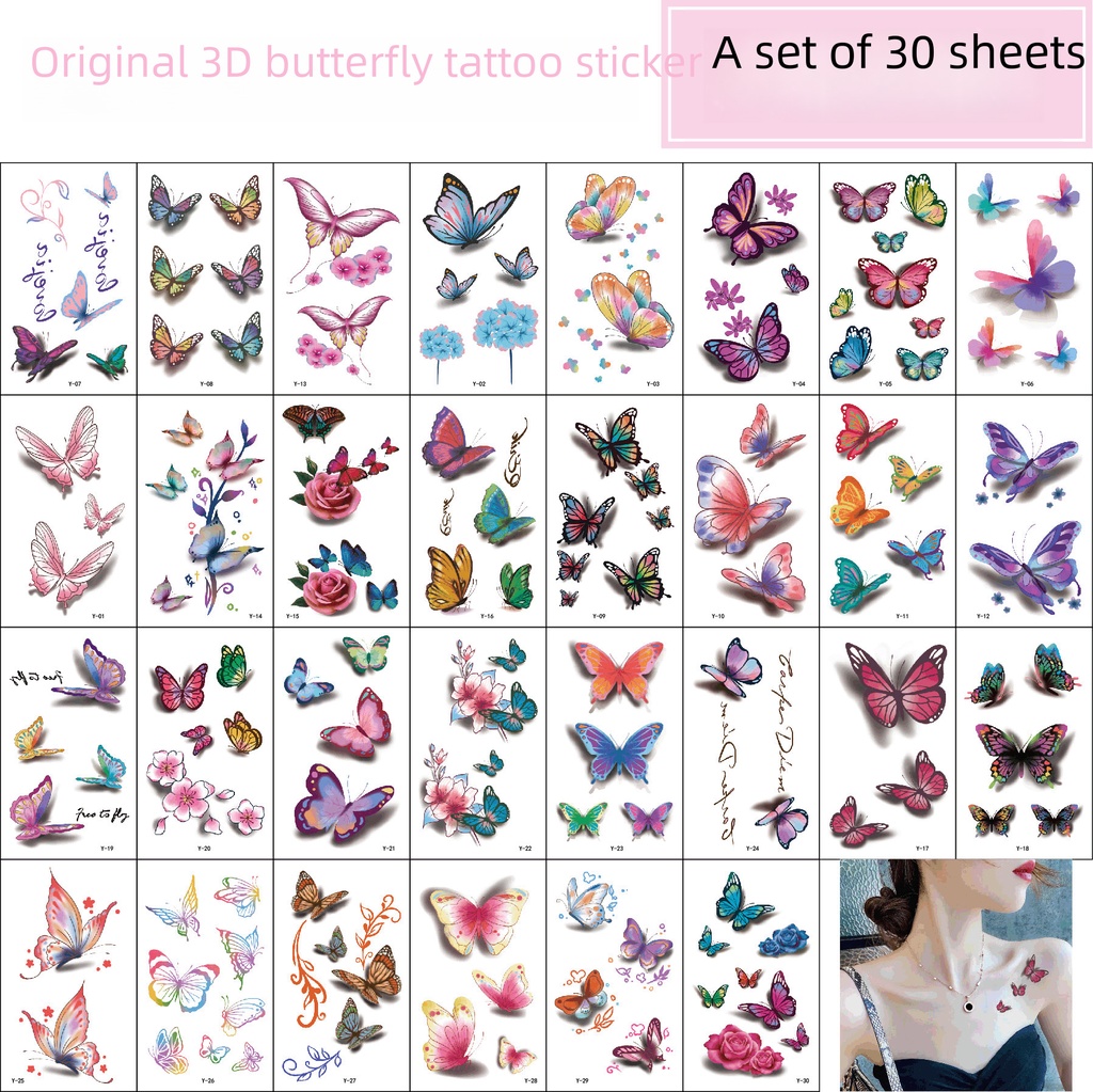 Spot 3d butterfly tattoo Korean Harajuku flowers English letters small fresh tattoo stickers