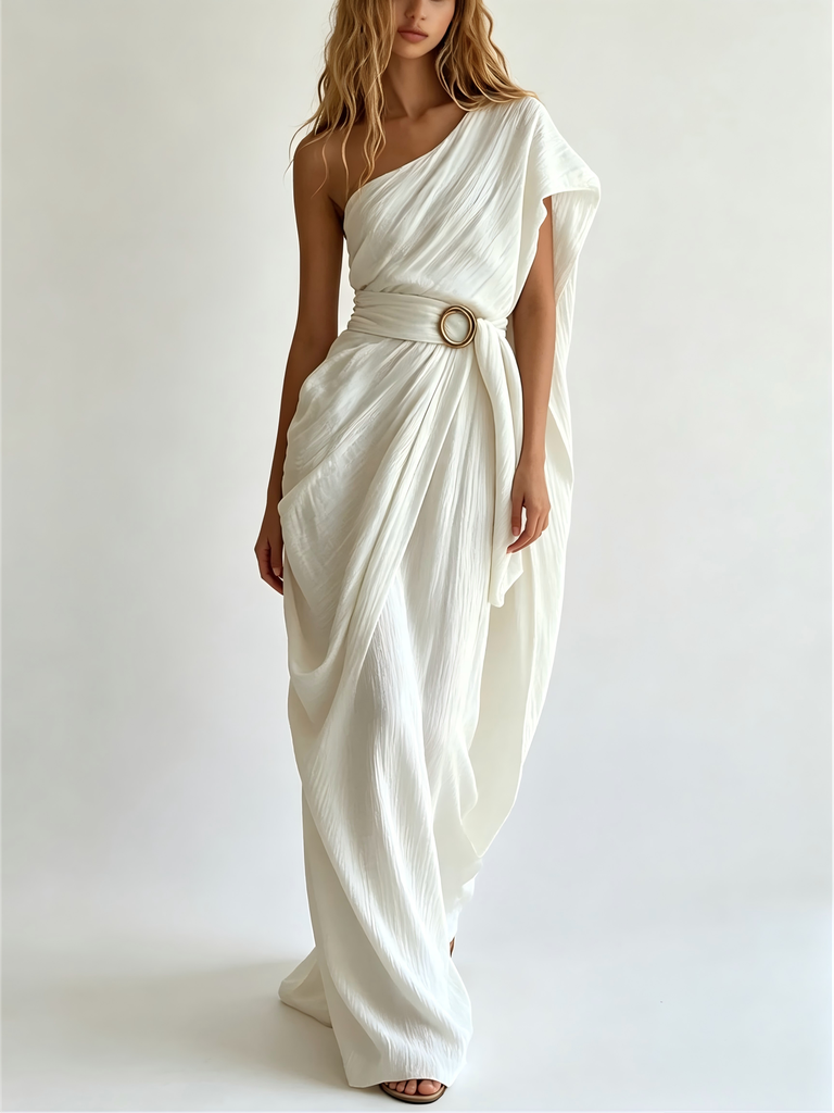 [12000060531450134] One Shoulder Draped Maxi Dress - White (XL)