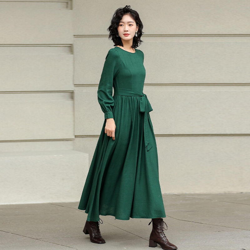 [12000057484576848] Green Linen Maxi Dress (XL)