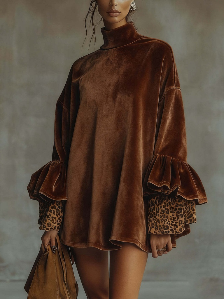 [12000060533104670] Leopard Print Velvet Mini Dress - Brown (XL)
