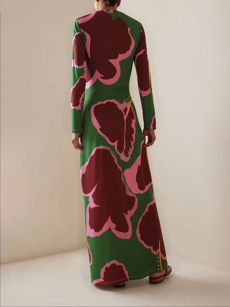 [12000060480687659] Floral Print Long Sleeve Maxi Dress - Green (XL)