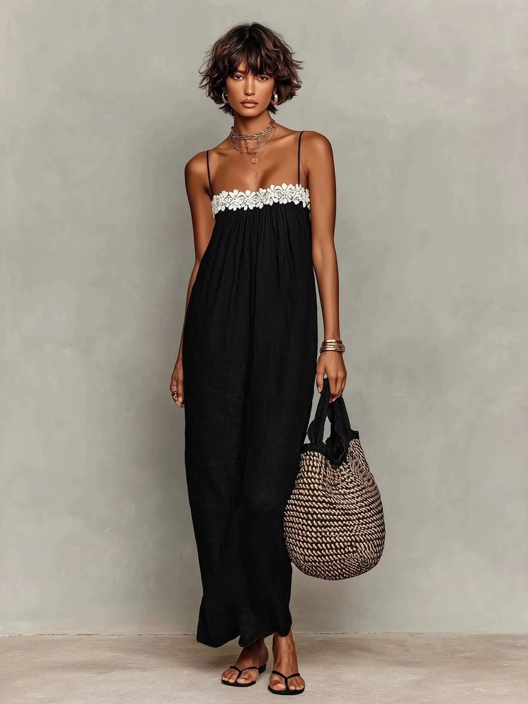 [12000059011780134] Lace Patchwork Boho Maxi Dress (Black, XL)
