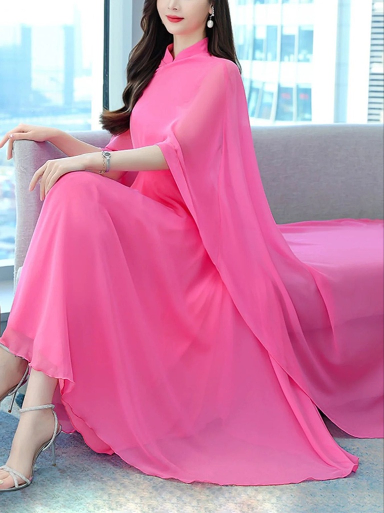 [12000056643477746] Chiffon A-Line Dress - Rose Red (XL)