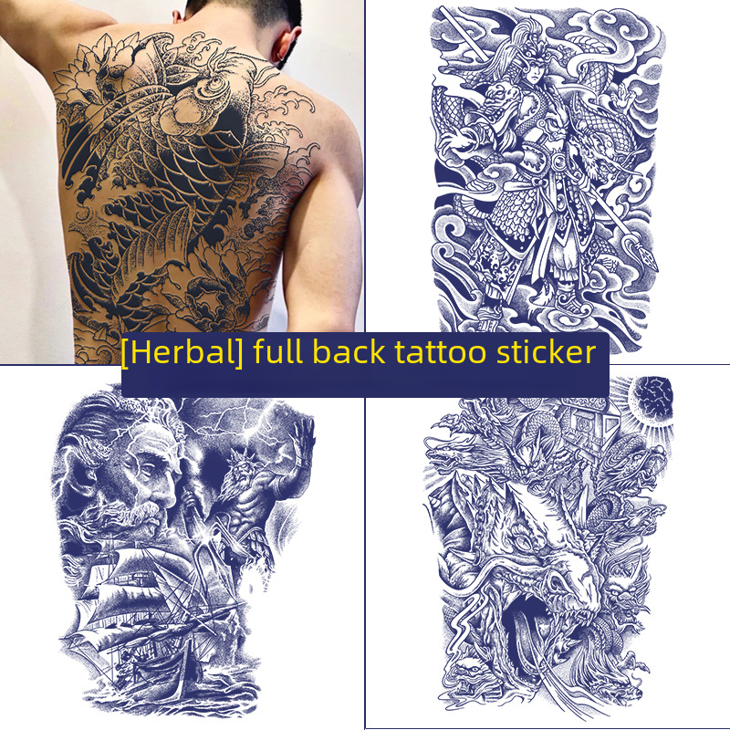 Full Back Half Back Herbal Juice Tattoo Sticker Waterproof Men's Lasting Simulation Chest Sticker Big Figure Flower Arm Tattoo Tattoos