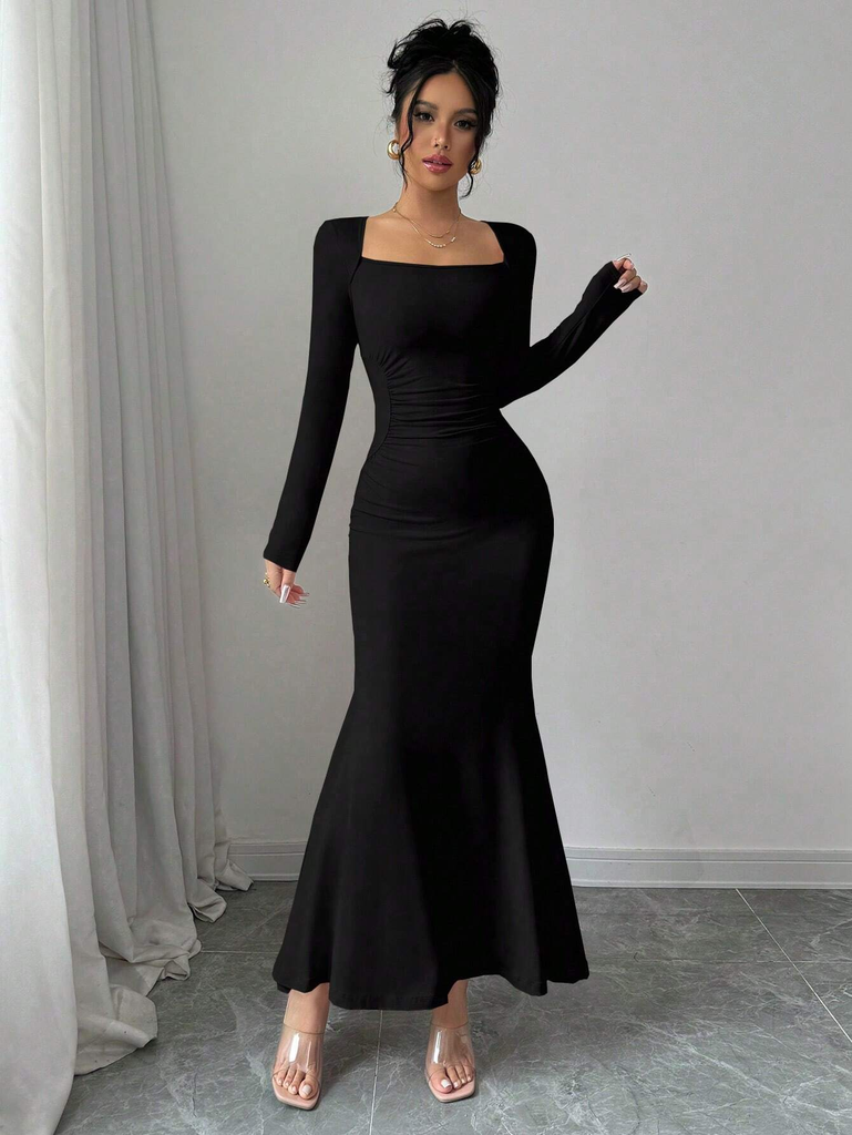 [12000053061354333] Solid Square Collar Long Sleeve Dress (Black, XL)