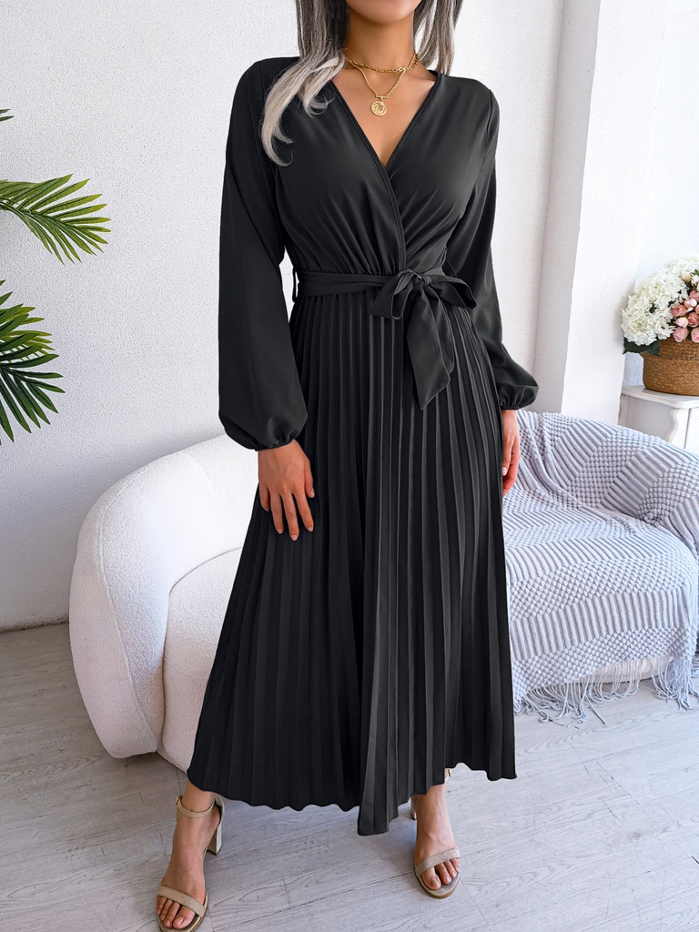 [12000036180996723] Pleated Maxi Dress (Black, XL)