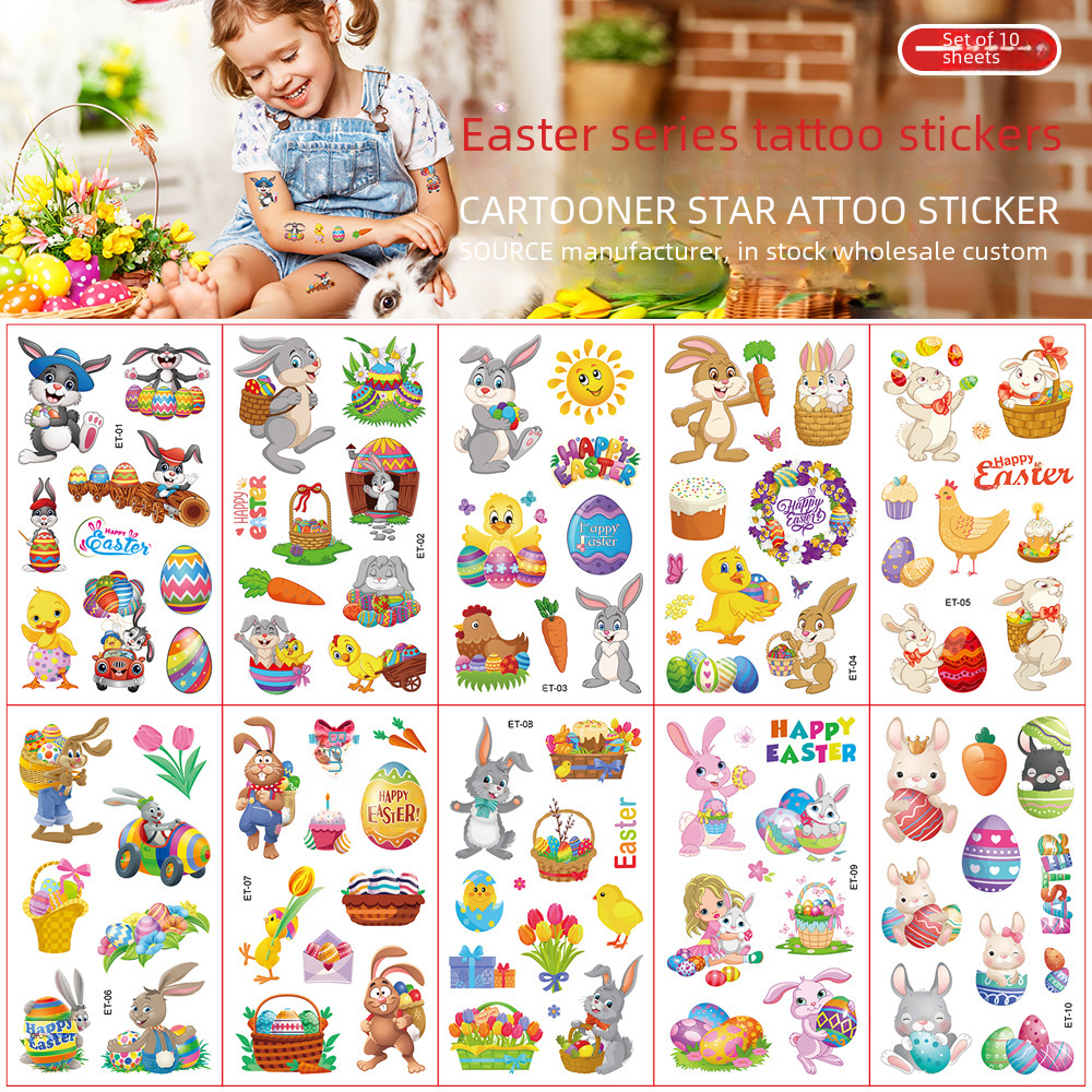 Children's Cartoon Easter Tattoo Sticker Waterproof Cute Easter Egg Rabbit Holiday Gift Temporary Sticker