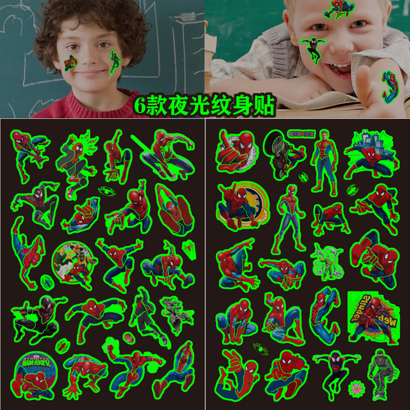 Spiderman Luminous Tattoo Sticker Luminous Children Cartoon Water Transfer Disposable Tattoo Sticker Boys Girls Hero