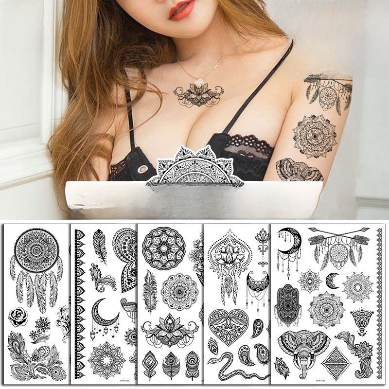 Personalized Waterproof Black Retro Hand Back Flower Disposable Temporary Sticker Mandala Tattoo Sticker