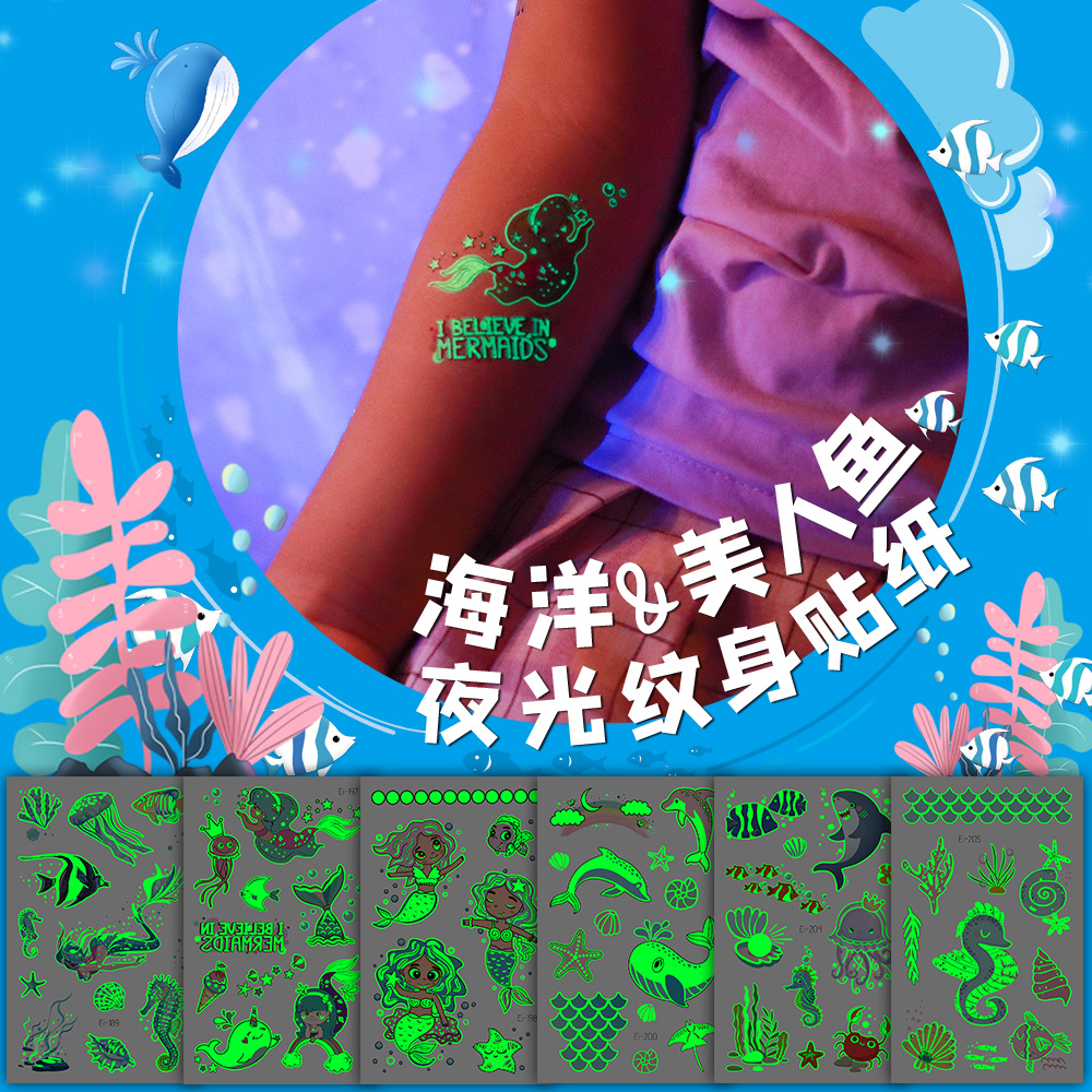 夜光美人鱼纹身贴批发海洋美人鱼元素卡通儿童发光纹身贴纸tattoo