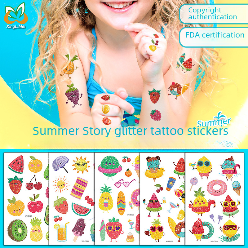 Waterproof Sweat Summer Story Vegetable Fruit Cartoon Children Glitter Powder Tattoo Sticker Fruit Tattoo Sticker