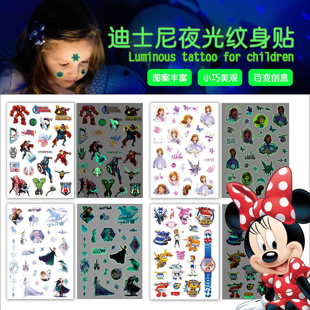 Marvel Genuine 2 Super Hero Luminous Tattoo Sticker Iron Man Ice Princess Cartoon Luminous Tattoo Sticker