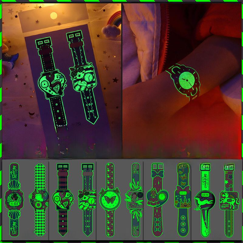 DY热卖款卡通发光手表纹身贴纸套装批发荧光夜光男孩女孩学生贴纸