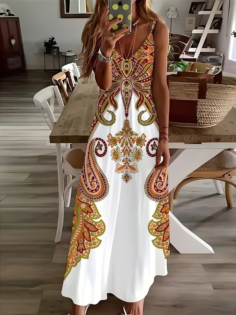 [12000041035584106] Floral Print Strap Long Dress (Yellow, XL)