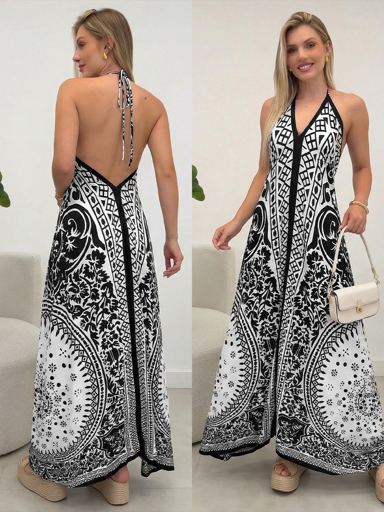 [12000061077907311] Boho Print Halter Maxi Dress - Black (XL)