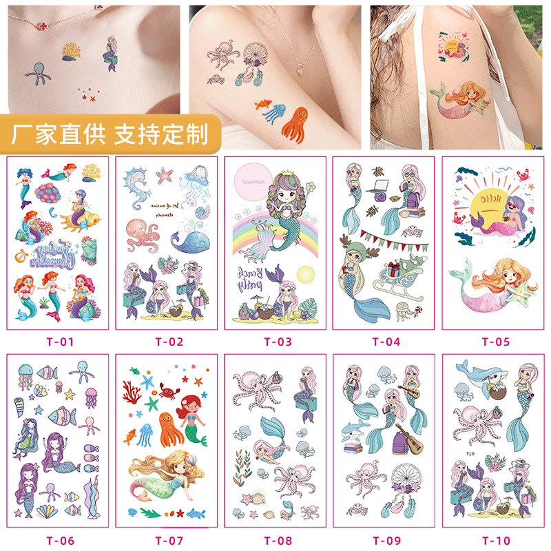 Anime Mermaid Tattoo Sticker Cute Cartoon Children Tattoo Sticker Disposable Party Sticker Plus logo