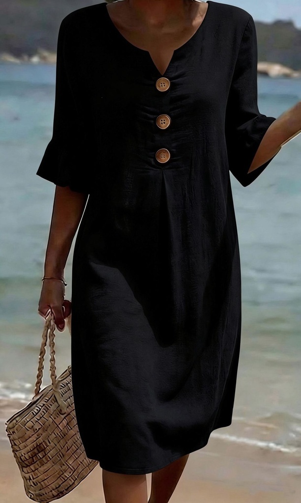 [12000057697132336] V-Neck Button Front Ruffle Dress (Black, XL)