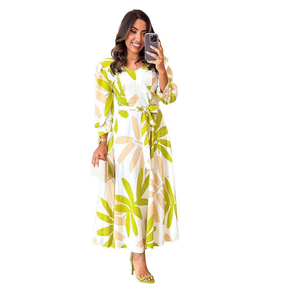 [12000059770117968] Leaf Print Maxi Dress - Multicolour (XL)