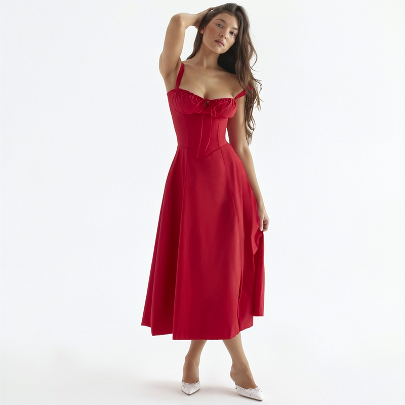 [12000060554348413] Sleeveless Camisole Dress - Red, Pale Yellow (Red, XL)