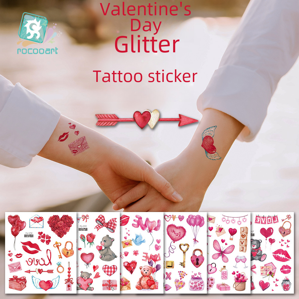 Ricklon Supply Waterproof Valentine's Day Tattoo Stickers Cartoon Glitter Tattoo Stickers