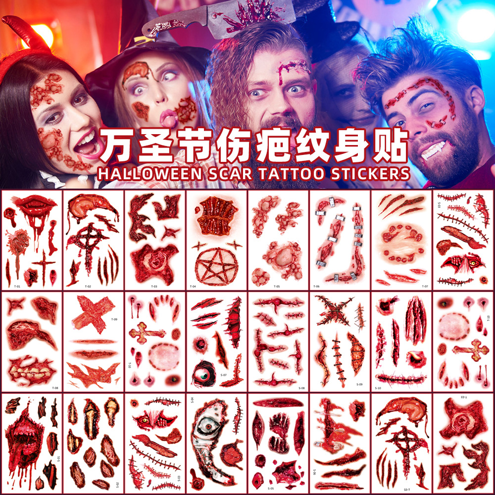 21 Halloween Scar Tattoo Body Sticker Waterproof Sweat Horrible Bloody Wound Scar Makeup Party Temporary Face Sticker