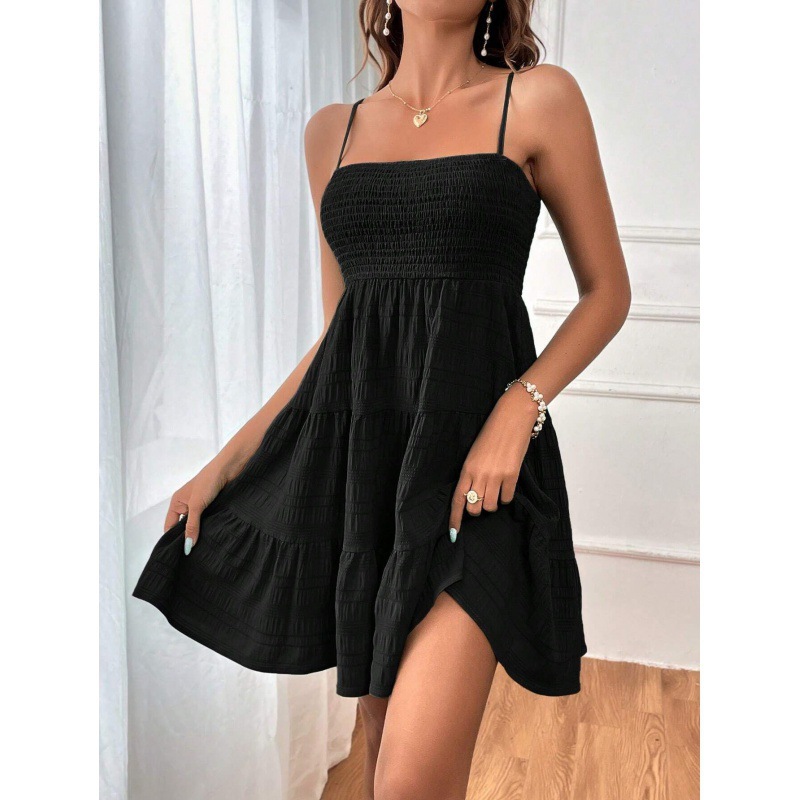 [12000053407340590] Blue Smocked Tiered Mini Dress (Black, XL)