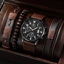 Men's bracelet watch set single Calendar fake three eyes canvas quartz watch + PU bracelet set men's watch