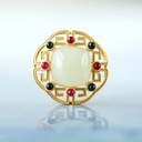 Duobao Ruyi Inlaid Hetian Jade Hollow Design Square Fashion Ethnic Atmosphere Antique Style Dual-purpose Brooch