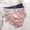 Japanese Style Solid Color Breathable Satin Stitching Lace Mesh Beaded Bow Sexy Mid-Waist Underwear