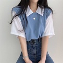 Summer Polo Lapel Fake Two-Piece College Style Contrast Color Short-Sleeved T-Shirt Women's Loose Casual All-Match Top Ins
