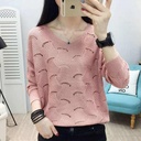 Summer Women's Thin V-neck Hollow Pullover Base Shirt Korean Style Loose Outer Wear Solid Color Hollow Shirt Trendy Women