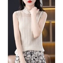 French Style Sleeveless Vest Women's Half High Collar White Top Lace Knitted Base Shirt