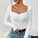 French Sweetheart Collar Embroidered Eyelet Pleated Bust Lace Decorative T-shirt Women