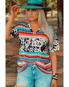 Ins Short-sleeved T-shirt Women's Summer Ethnic Style Leopard Print Stitching Top for Women