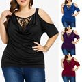 Plus Size Women's Lace Cold Shoulder Top Solid Color Casual Round Neck Off-shoulder Women's Short Sleeve Top